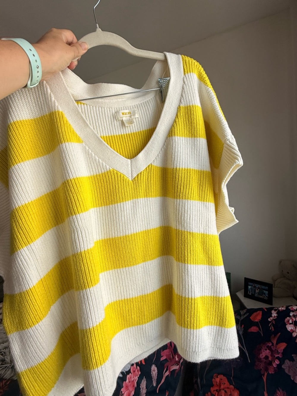 Maeve Chartreusse Yellow and Cream Striped V-Neck Sweater Top